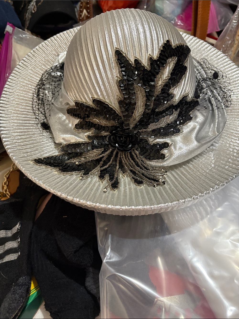 Silver Women's Dress Hat with Black Sequin Appliqué